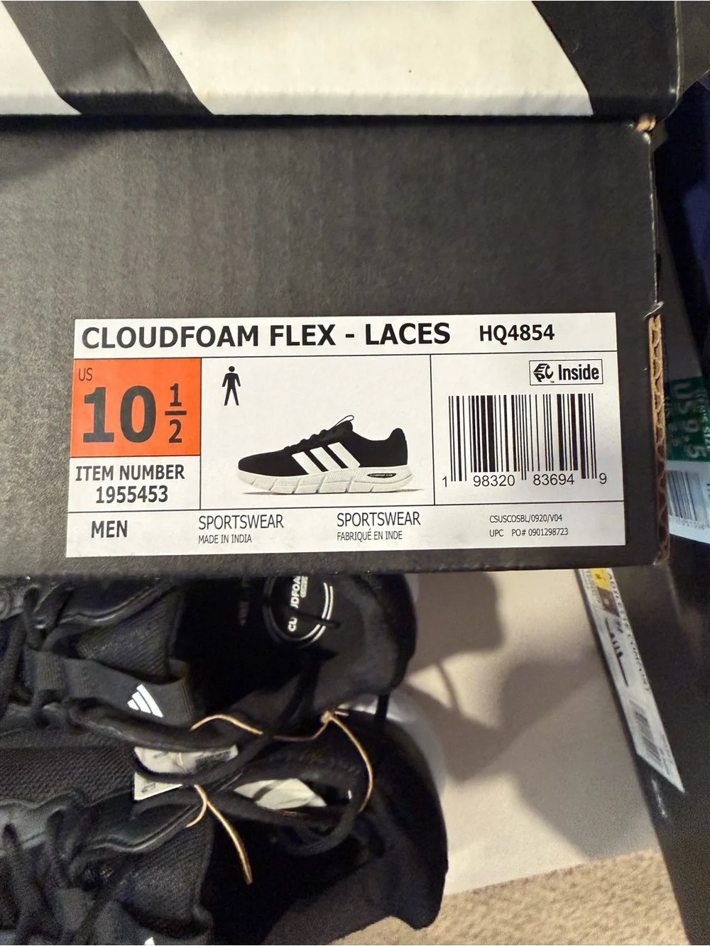 Adidas Men’s Cloudfoam Flex Laces Athletic Sneakers Black White Size 10.5 M US